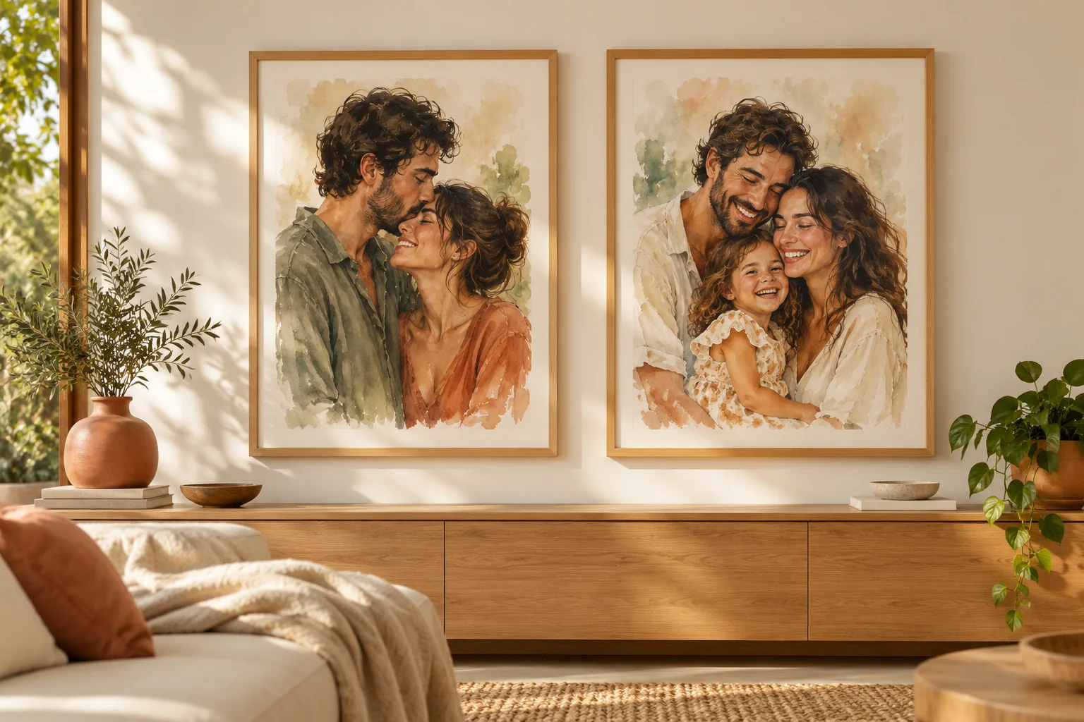 Exemplos ilustrativos de quadros com retratos de casal e família em aquarela