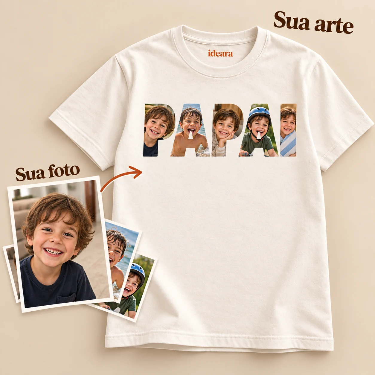 Exemplo ilustrativo: Camiseta PAPAI Personalizada com 5 Fotos